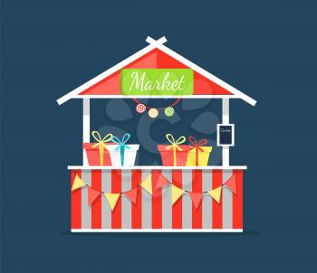 Market counter with candies in boxes vector illustration outdoor shop with triangle roof isolated on dark blue background. Striped tent with presents