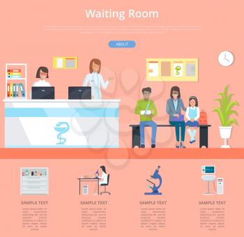 Waiting room hospital service with clinic front desk and patients waiting for doctor s appointment. Vector illustration with hospital foyer and staff
