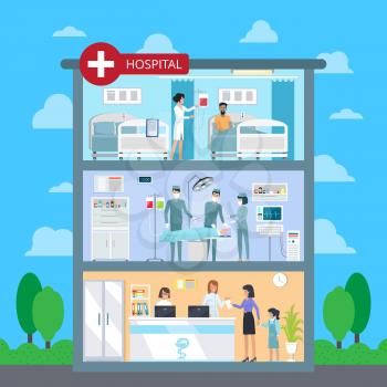 Hospital with white cross in red circle, structure of building and exterior with trees and blue sky represented on vector illustration