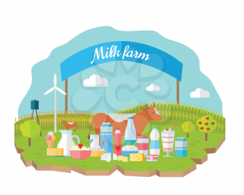 Milk farm concept banner vector flat design. Organic farming, traditional products. Clean naturally produced food. Dairy products with cow, field, fence, garden on background. Milk farm poster