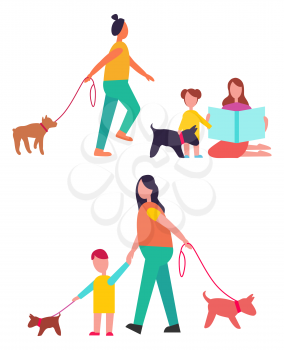 People walking their dogs on leashes and having fun together, picture represented on vector illustration isolated on white background