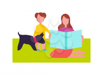 Mother and daughter with little dog vector illustration. Adult woman sitting on green blanket with her young kid standing beside stroking black puppy