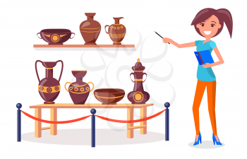 Woman guide points on ancient Greek pottery on wooden shelf and short table fenced off by metal railing stand with red rope isolated vector