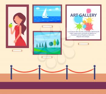 Art gallery exhibition with pictures hanging on wall behind barrier vector illustration in flat style cartoon design, picture of modern art artists