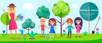 Botanical garden excursion for little children with female guide. Tall green trees, colorful flowers and neat lawn vector illustrations.