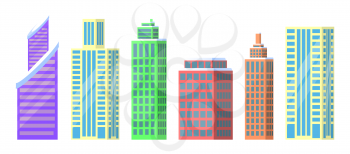 Set of city buildings icons isolated on white background. Vector illustration with types of office or dwelling houses and high skyscrapers