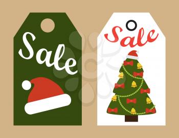 Sale promo tags ready to use labels with Christmas tree and red Santa hat promotional advertisement stickers vector illustrations shopping concept