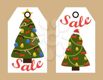 Sale decorative tags with New Year decorated Christmas trees topped by star or Santas hat, hang badge stickers, shopping promotional labels discounts
