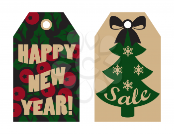 Happy New Year sale tags with mistletoe berries on background and Christmas tree topped by bow and decorated with snowflakes vector advert labels