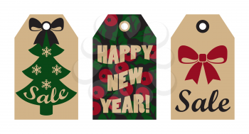 Happy New Year sale tags set with red bow, mistletoe berries on background and Christmas tree decorated with snowflakes vector advert labels