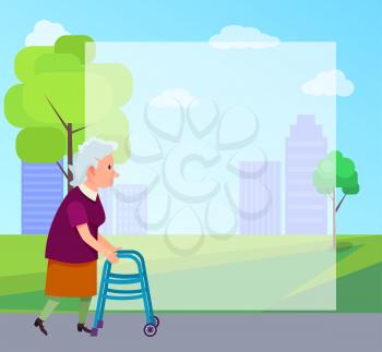 Senior gray-haired woman moving with help of front-wheeled walker in city park with place for text vector illustration. Metal tool designed to assist walking