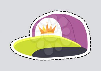 Male colourful rap cap patch. Cut out head accessory with dashed line. Stylish violet hat with greenish peak. Icon of golden crown on white cloth. Cartoon style. Flat design. Vector illustration