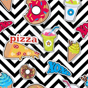 Seamless pattern with food. Pizza, bitten doughnut, xoxo, cocktail, smoothie, ice cream. Endless texture with snack products. Fabric, textile, wallpaper, wrapping paper design Vector in flat style