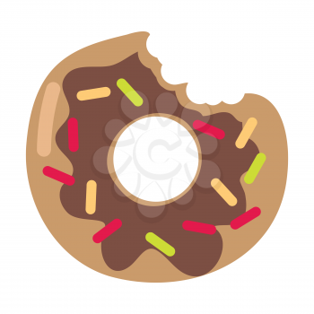 Bitten donut logo isolated on white. Doughnut sticker in flat design. Chocolate doughnut with caramel, jam isolated. Cookies, cake bakery, dessert menu, snack pastry, tasty. Glaze donut shop icon. Vector