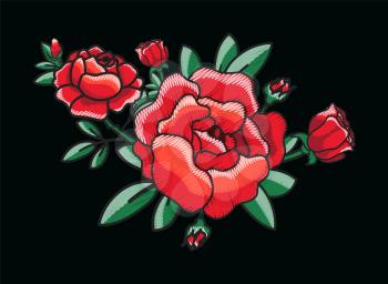 Stylized red roses bush, making bouquet in unity, flowers with leaves, petals and buds, icons on vector illustration isolated on black background