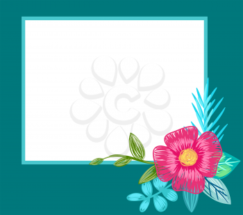 Photo frame design with hand drawn pink flower with green leaves in corner and place for text vector illustration, border with blossom design