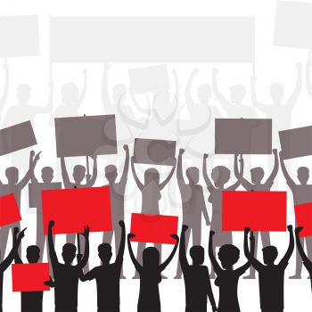 People on demonstration silhouettes with blank boards or placard. Demonstrators or protesters with bright banners above heads flat vector illustration for social ad