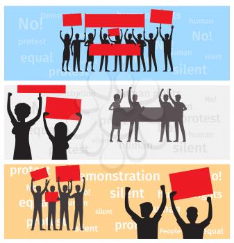 Three horizontal banners with silhouettes of strike people holding red and gray placards on demonstration vector illustration