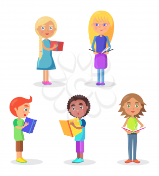 Five schoolchildren stands and holds color schoolbooks flat and shadow theme vector illustration on white background closeup