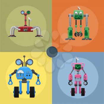 Colorful iron robots on wheels, with indicators, powerful antennas, small buttons, spy glasses vector illustrations set.