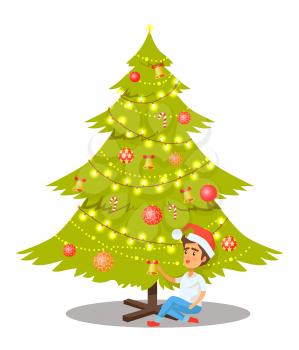 Christmas tree decorated with glittering garlands, balls with stars and bells with bows, sweet traditional candies, sitting boy vector illustration