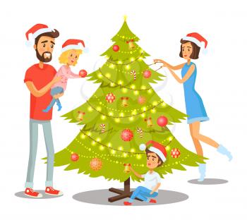 Family decorating Christmas tree with balls and bells, candies and shiny garlands, winter holidays and peoples involvement vector illustration