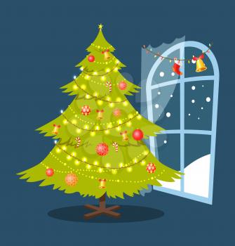 Christmas placard with evergreen pine tree and window decorated with garlands and bell with red sock, atmosphere isolated on vector illustration