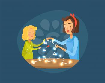 Mother and daughter, holding garland and getting ready to decorate home for Christmas and New Year holidays, isolated on vector illustration