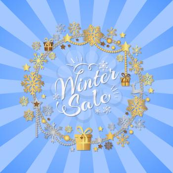 Winter sale poster in decorative frame made of silver and gold snowflakes, snowballs in xmas border, presents and gifts isolated on blue rays