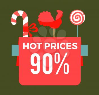 Hot prices 90 final sale poster with sweet candy sticks, cock lollipop and round bonbon vector promo banner confectionary objects isolated on green