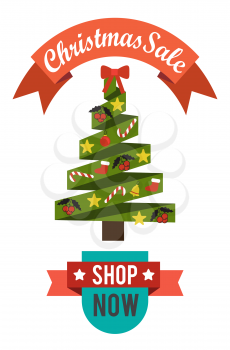 Christmas sale shop now final price poster with decorative abstract Xmas tree topped by bow, vector illustration advertisement stickers isolated on white