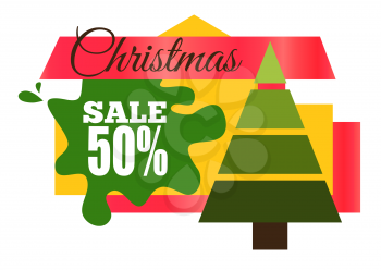 Christmas sale 50 off abstract label design with geometric Xmas tree, text on splash vector illustration sticker isolated on white, New Year concept