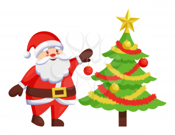 Santa Claus decorates New Year tree by hanging color ball. Christmas Father and winter holiday symbol vector illustrations isolated on white background