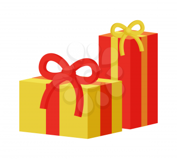 Present gift boxes set decorated by ribbons with bows vector illustration. Festive packages with red and yellow tape, wrapped objects isolated on white