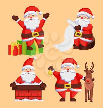 Santa Clauses set of icons. Saint Nicholas with wish list sitting on gift boxes, Father Christmas in chimney made of bricks, playing with deer vector