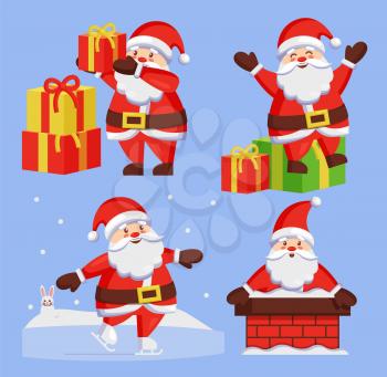 Santa Clauses set of icons. Saint Nicholas with wish gift boxes wishes Merry xmas, Father Christmas in chimney made of bricks, playing outdoors vector
