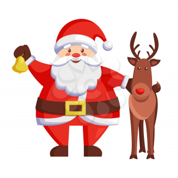 Santa Claus and reindeer icon isolated on white background. Vector illustration with happy Santa holding golden bell and brown cute smiling deer