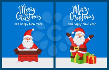 Merry Christmas and happy New Year postcards with Santa Claus on roof with presents ready to climb down through brick chimney vector illustrations on blue