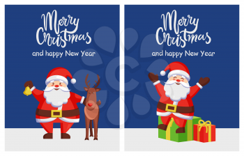Merry Christmas and happy New Year Santa and deer poster on dark blue background. Vector illustration with happy Santy Claus and reindeer with presents