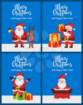 Merry Christmas and Happy New Year posters set with Santa Claus sitting on gift boxes outdoors vector illustration greeting card design, congrats postcard