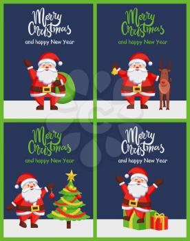Merry Christmas happy New Year Santa congrats posters with decorated spruce, presents and reindeer. Vector illustration with happy winter characters