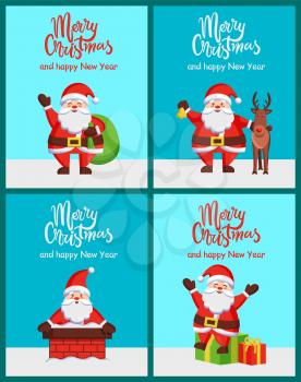 Merry Christmas happy New Year Santa Claus posters on light blue background. Vector illustration with Santa with presents and deer on snowy house roof