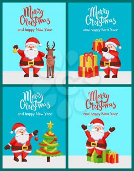 Merry Christmas happy New Year congratulations set of posters with Santa Claus with presents and reindeer. Vector illustration with fairy tale characters