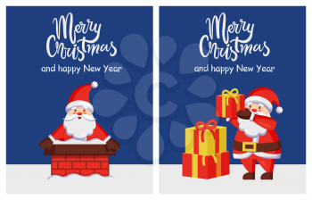 Merry Christmas and Happy New Year poster with Santa Claus in chimney, putting presents on pile vector illustration smiling Xmas symbol postcard design
