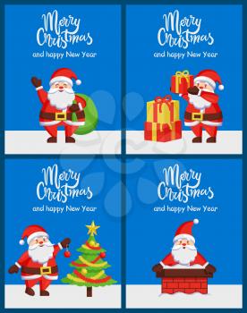 Merry Christmas happy New Year Santa Claus banners with decorated spruce and presents. Vector illustration with Santa ready to climb down through chimney