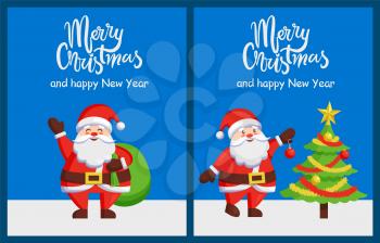 Merry Xmas and Happy New Year poster with Santa Claus decorating tree by color ball. Christmas Father with bag greets you vector illustration postcard