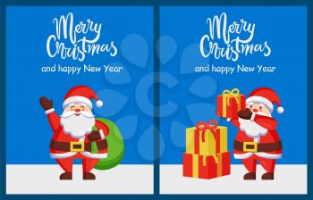 Merry Xmas and Happy New Year poster with Santa Claus collecting gift boxes outdoors with bag at back vector greeting card design with Father Christmas