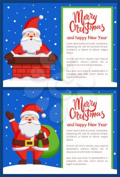 Merry Christmas and Happy New Year posters with Santa Claus in chimney and with bag on back vector illustration smiling Xmas symbol postcards design
