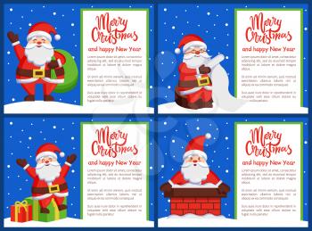 Merry Xmas Happy New Year postcards Santa Claus reading wish list, coming out chimney, greets present boxes, wave hand with bag Father Christmas vector