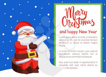 Merry Xmas and Happy New Year postcard Santa Claus reading wishlist sitting on wooden stump, Father Christmas with paper scroll vector poster on snow